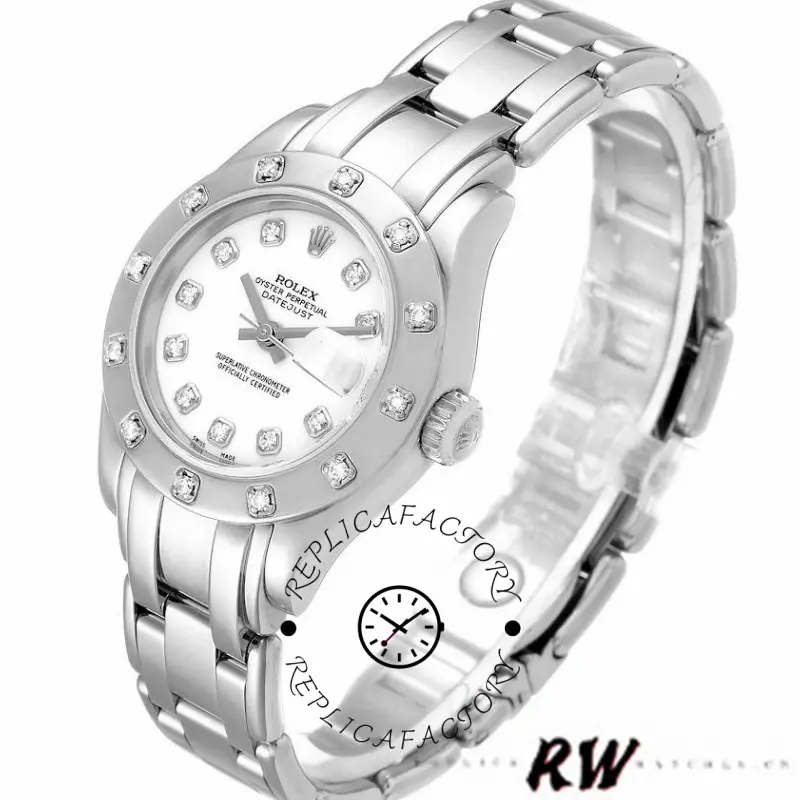 Side angle of the Rolex Pearlmaster 80319 showing case profile and diamond-set bracelet.