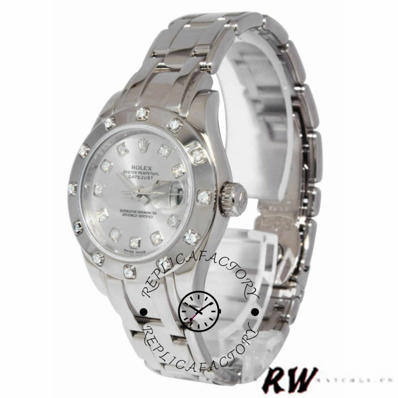 Side profile of the Rolex Pearlmaster 80319 showing case thickness and bezel edge.