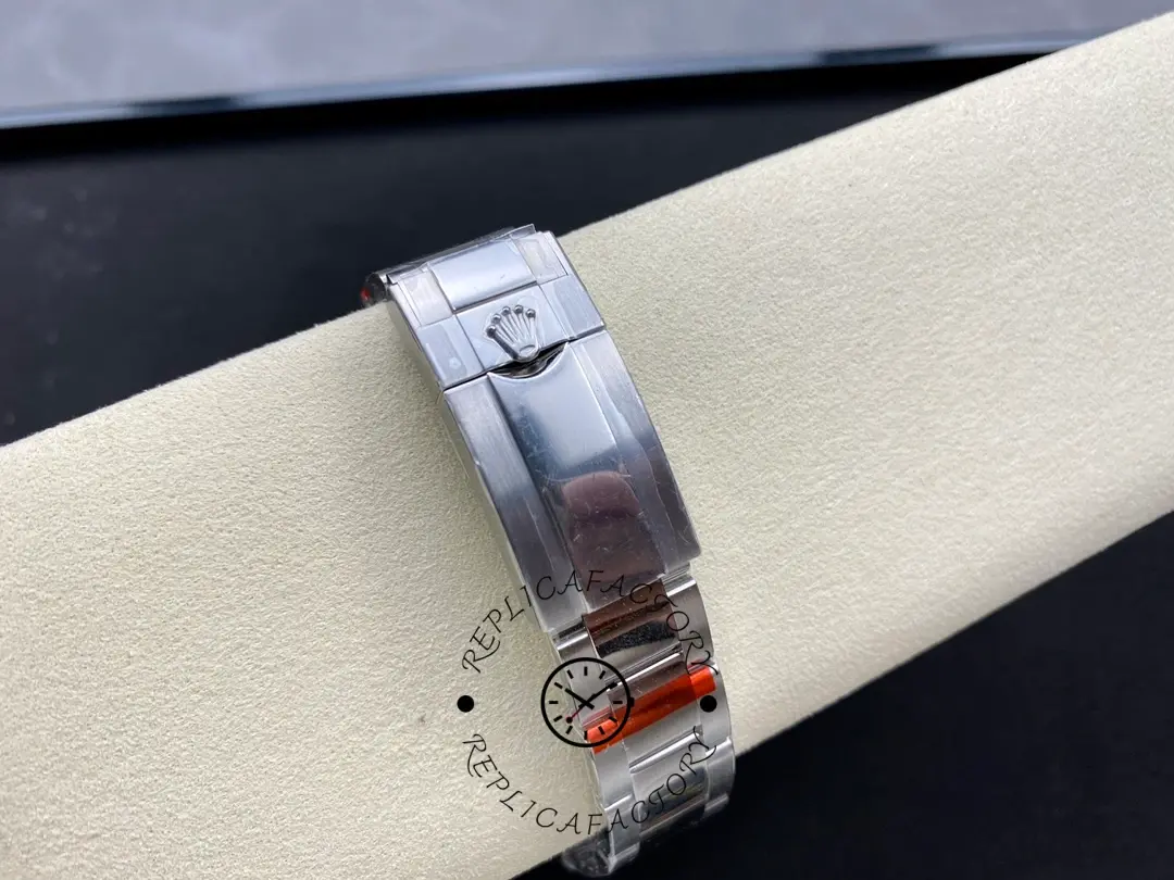 Rolex GMT-Master II 126710 “Wildman”, bracelet clasp view on cushion showing clasp closed.