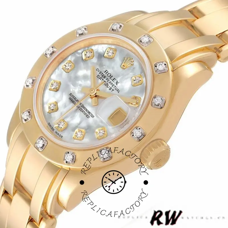 Close-up of Rolex Pearlmaster 80318 highlighting MOP diamond dial and bezel details.