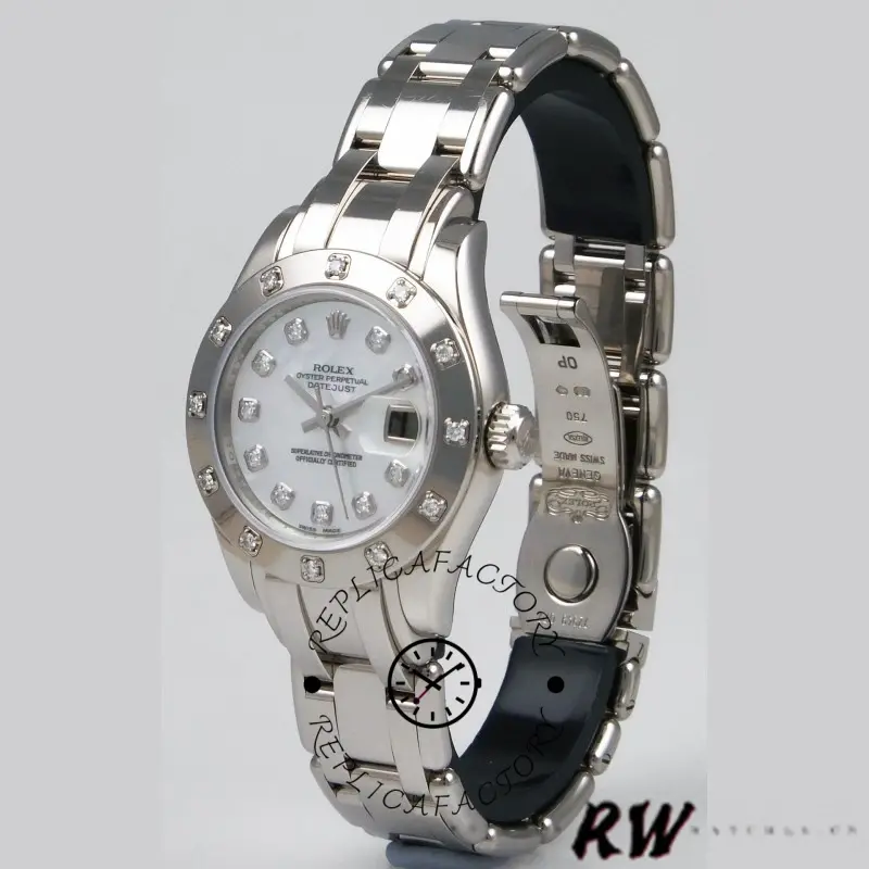 Rolex Pearlmaster 80319, three-quarter view showing diamond dial and polished case.