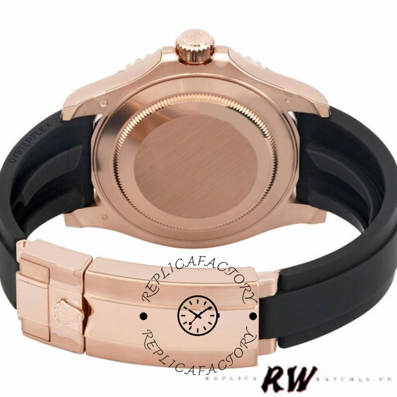 Rolex Yacht-Master 126655 case back studio view, Everose back and Oysterflex strap, rear view.