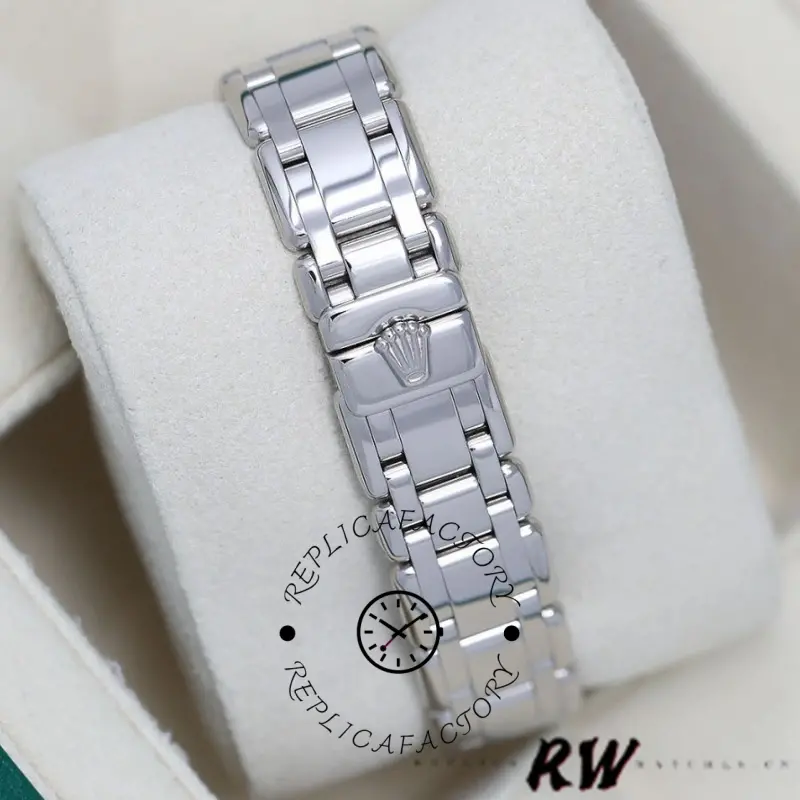 Bracelet on cushion view of Rolex Pearlmaster 80319 showing full bracelet length and links.