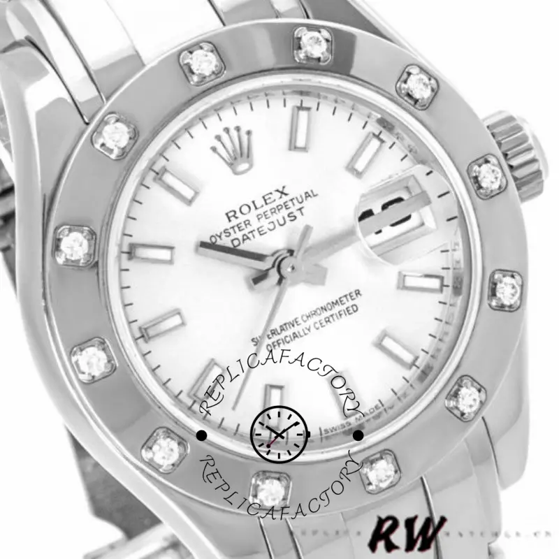 Rolex Pearlmaster 80319 angled view, white dial and gem-set bezel, crown visible.