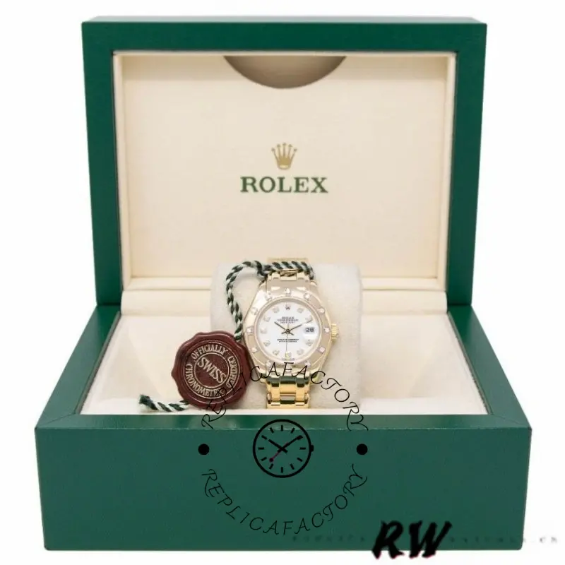 Rolex Pearlmaster 80318 in Rolex box display, watch presented with green box backdrop.
