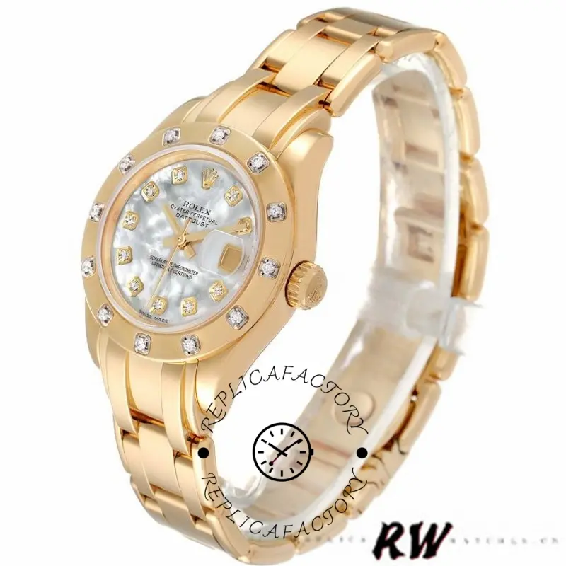 Side-front view of Rolex Pearlmaster 80318 with MOP diamond dial and polished gold bracelet.