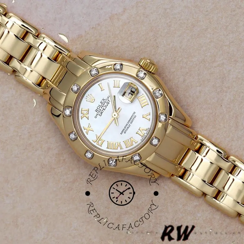 Rolex Pearlmaster 80318, angled view showing case and bracelet links with diamond-set bezel.