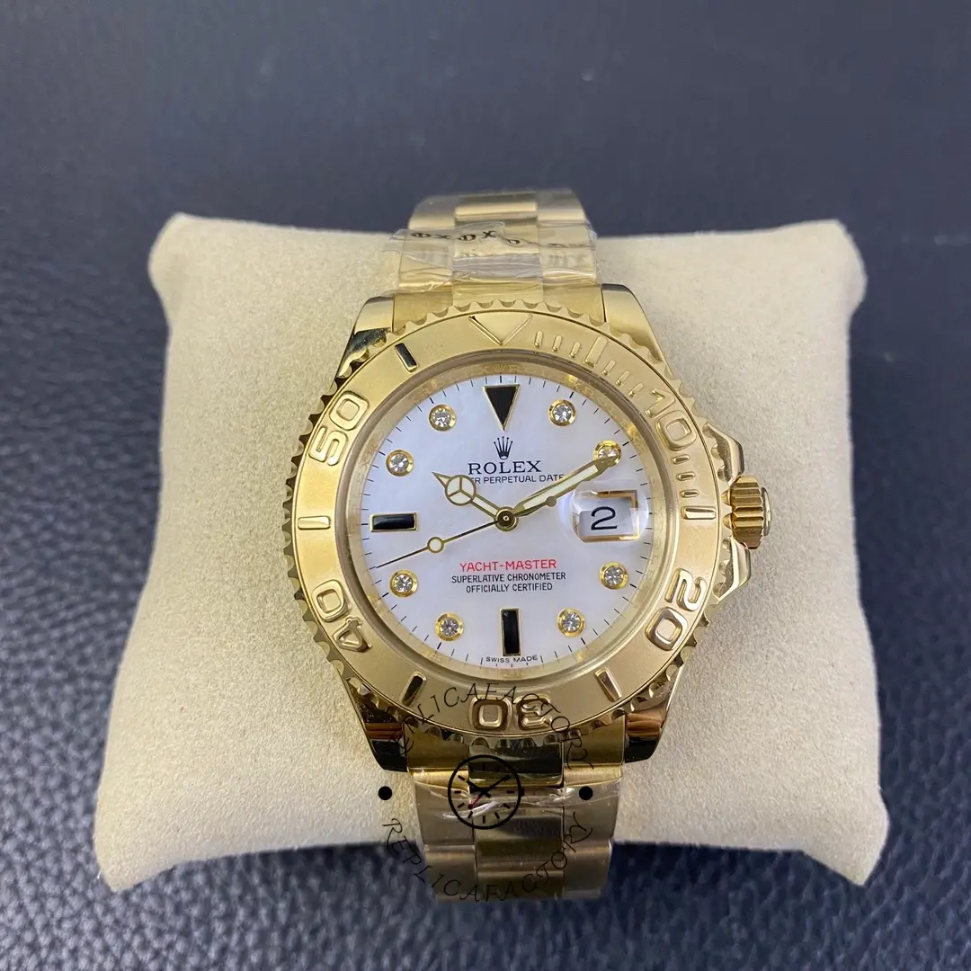 Rolex Yacht-Master 168628, straight-on dial view on cushion, white MOP diamond dial, 35mm.