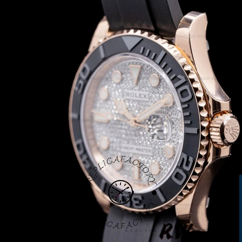 Rolex Yacht-Master 126655 product close-up, pavé diamond dial and bezel stones, macro view.