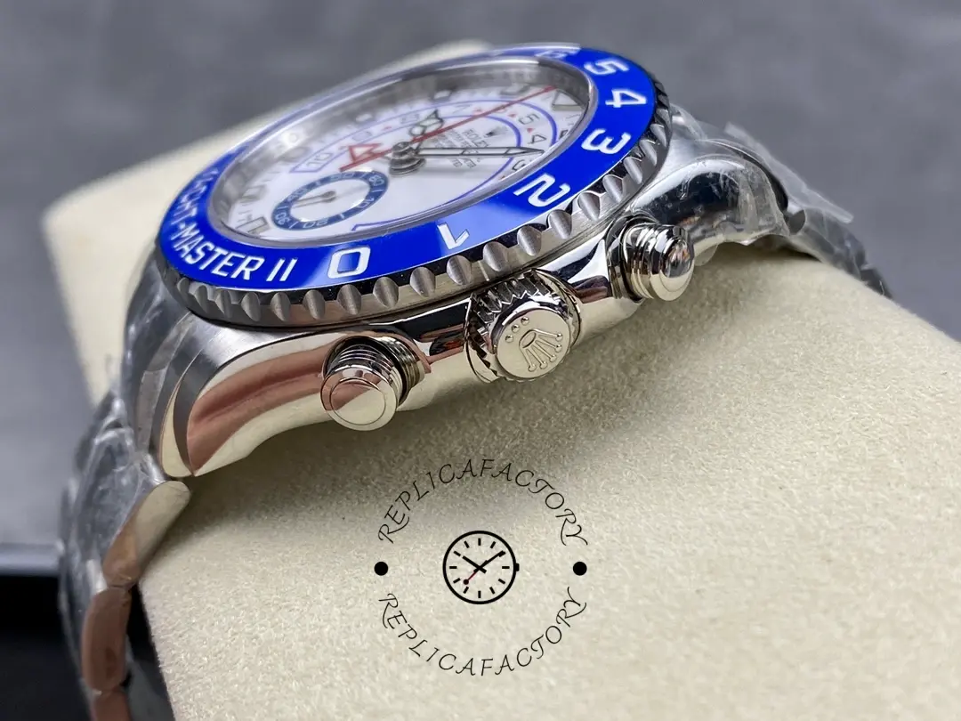 Rolex Yacht-Master II 116680, side angle showing lugs, bezel edge, and crystal profile.