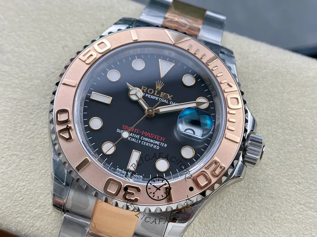 Rolex Yacht-Master 126621 top view on cushion, black dial and bezel, rolesor bracelet visible.