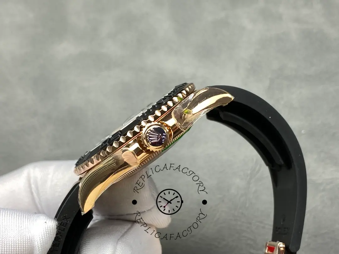 Rolex Yacht-Master 126655 side profile in glove, Everose crown and bezel edge detail.