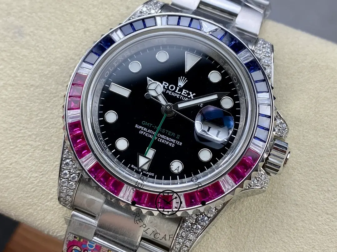 Rolex GMT-Master II 126710BLRO angled view on cushion, black dial and gem bezel, bracelet visible.