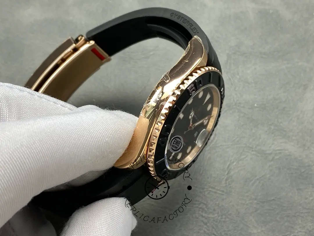 Rolex Yacht-Master 126655 side profile in glove, Everose case thickness and bezel edge detail.