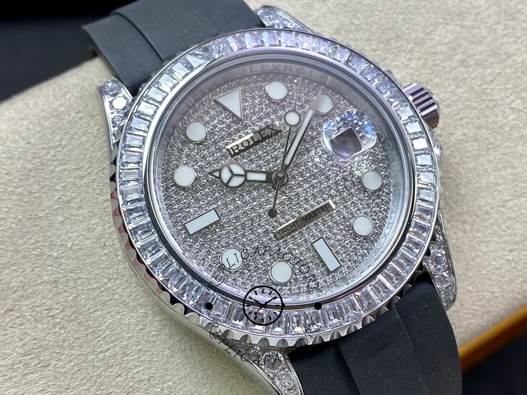 Rolex Yacht-Master 226679TBR angled close-up, grey dial texture and baguette diamond bezel detail.