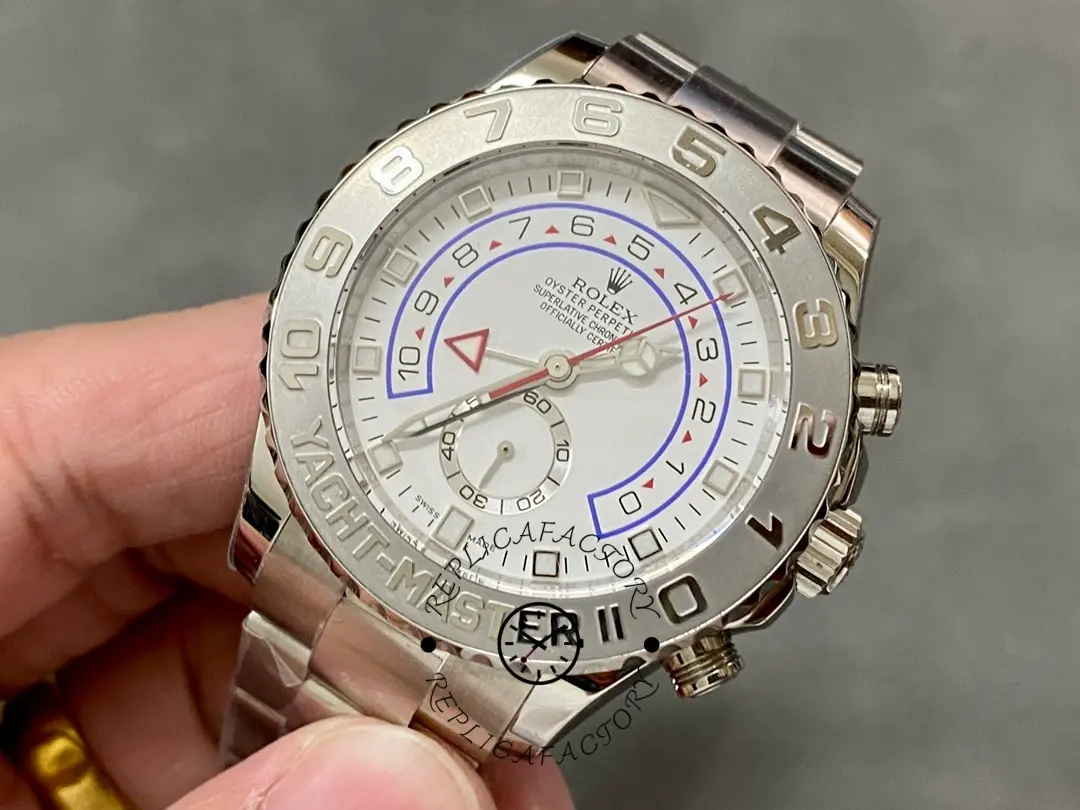 Close-up front view of Rolex Yacht-Master II 116689 showing dial printing and markers.