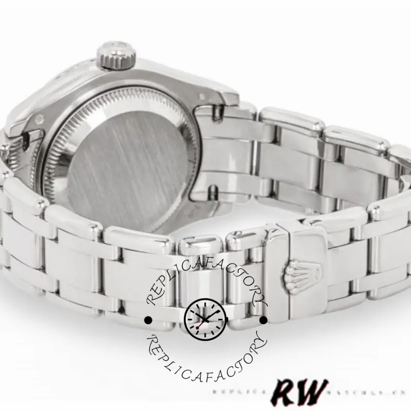 Rolex Pearlmaster 80319 rear view, case back and bracelet open, white background.