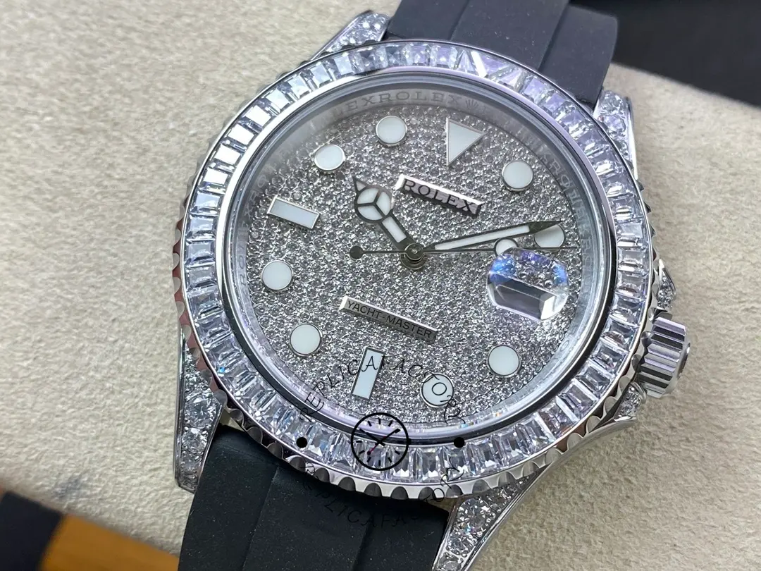 Rolex Yacht-Master 226679TBR on cushion, full watch view with black strap and diamond bezel.