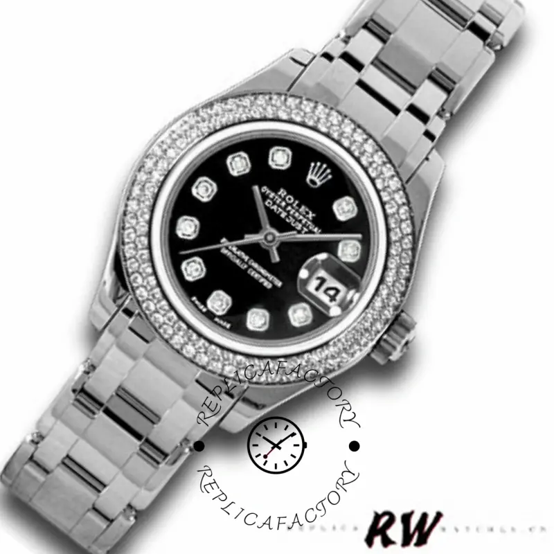 Rolex Pearlmaster 80339 angled view, diamond bezel and black diamond dial, bracelet shown.