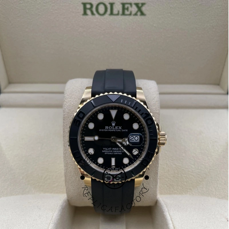 Full watch display of the Rolex Yacht-Master M226658 0001 in box, watch centered on strap.