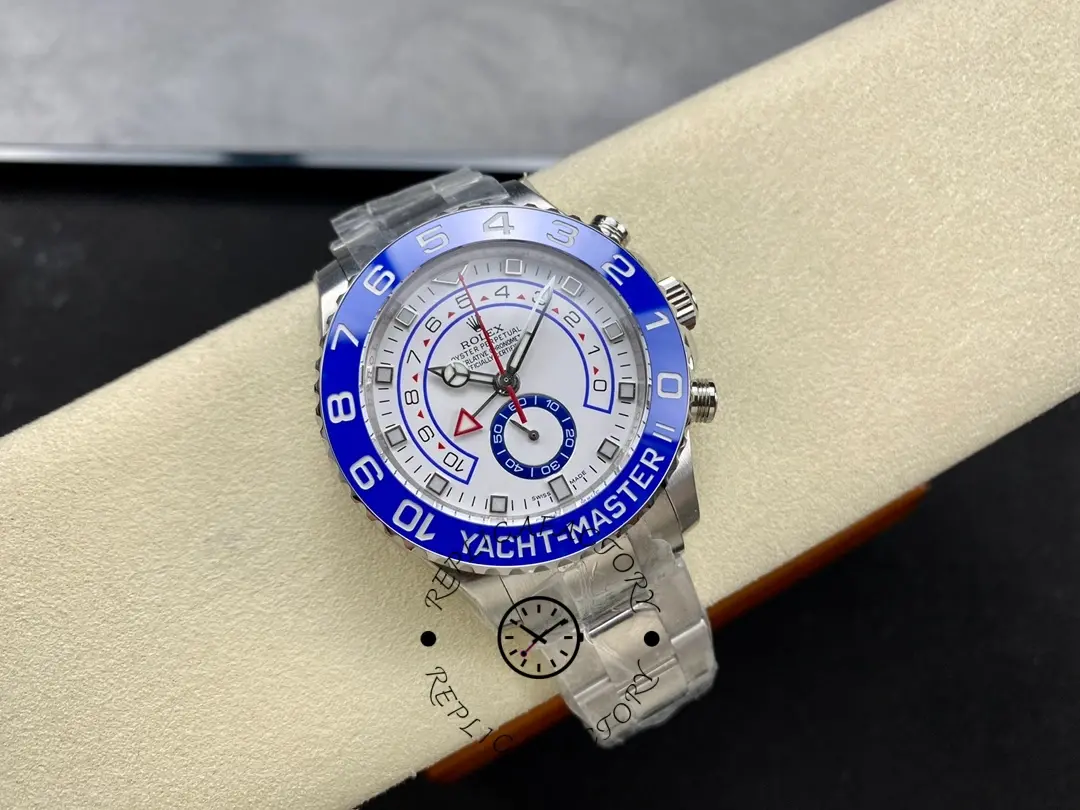 Rolex Yacht-Master II 116680, front view on cushion showing bezel text “YACHT-MASTER II”.