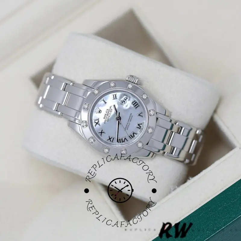 On-cushion angled view of Rolex Pearlmaster 80319 showing dial and bezel from above.