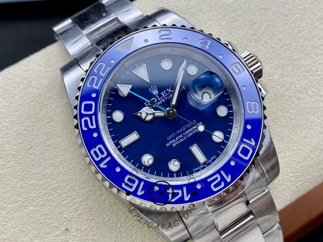 Rolex GMT-Master II 126710 “Wildman”, angled close-up showing blue bezel and dial.