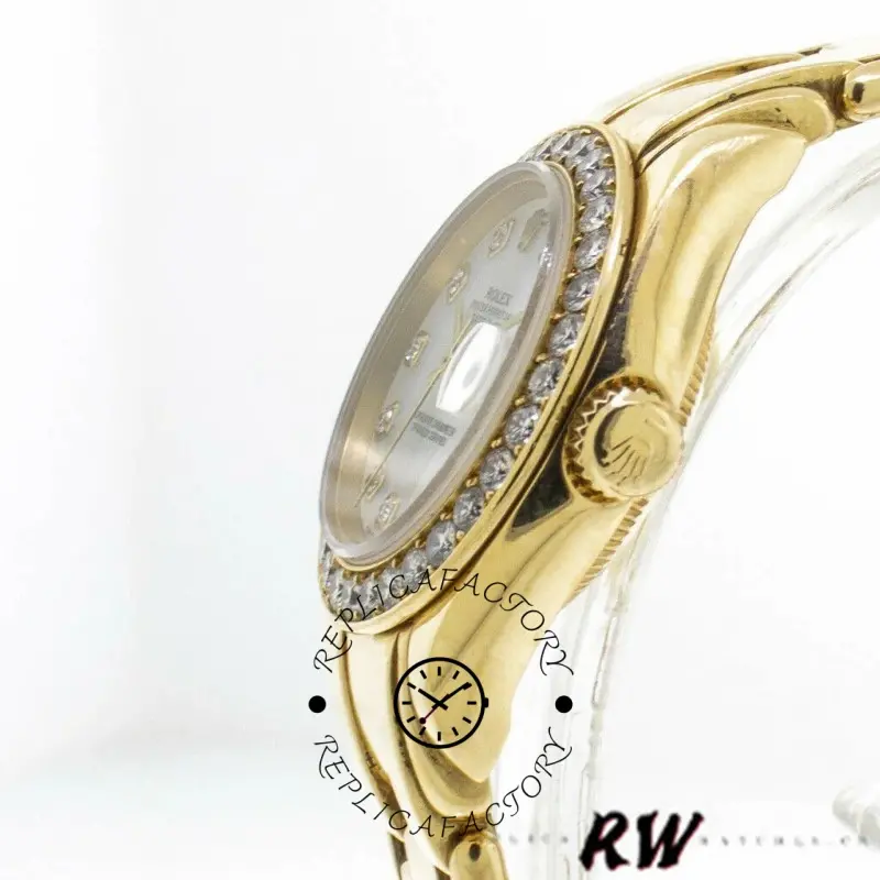 Rolex Pearlmaster 80298 crown-side close-up, diamond bezel edge and gold case, side view.