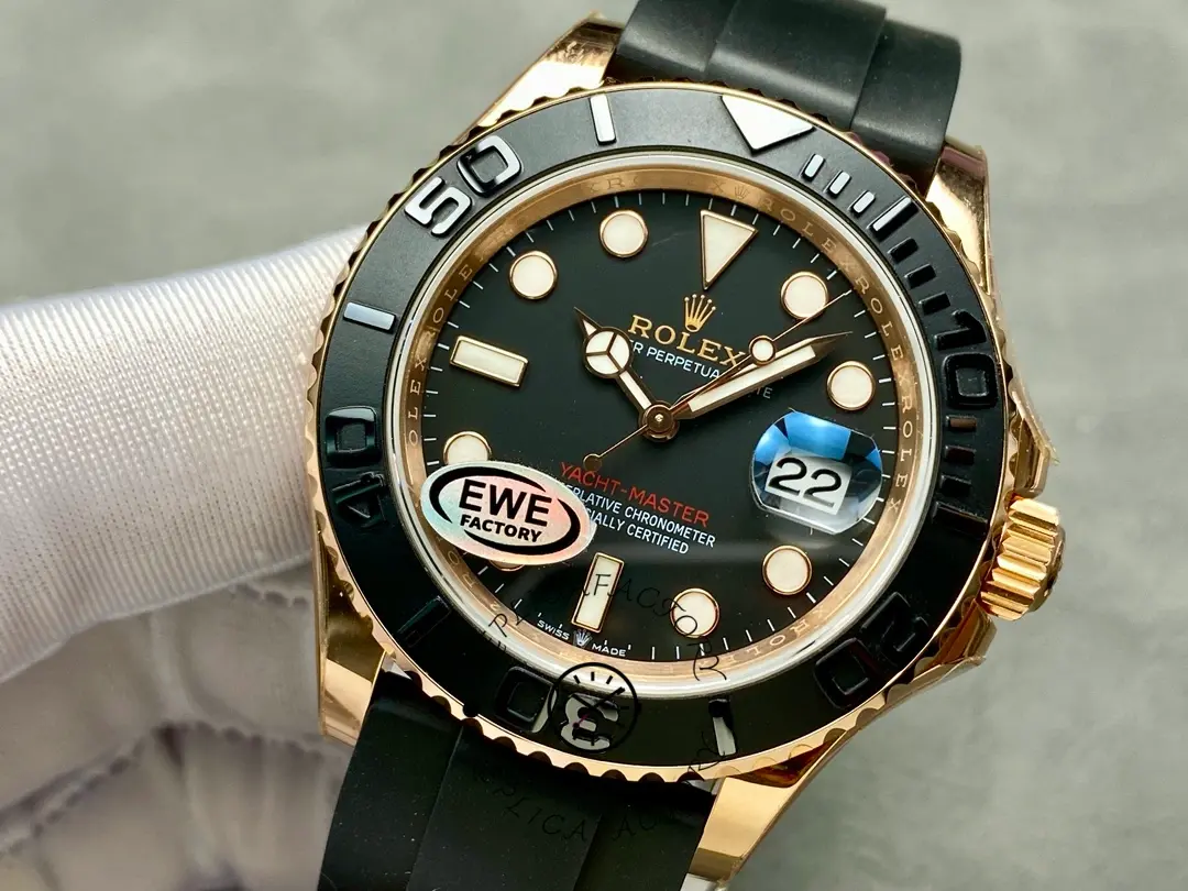 Rolex Yacht-Master 126655 side angle close-up, bezel stones/markers and case profile, in glove.
