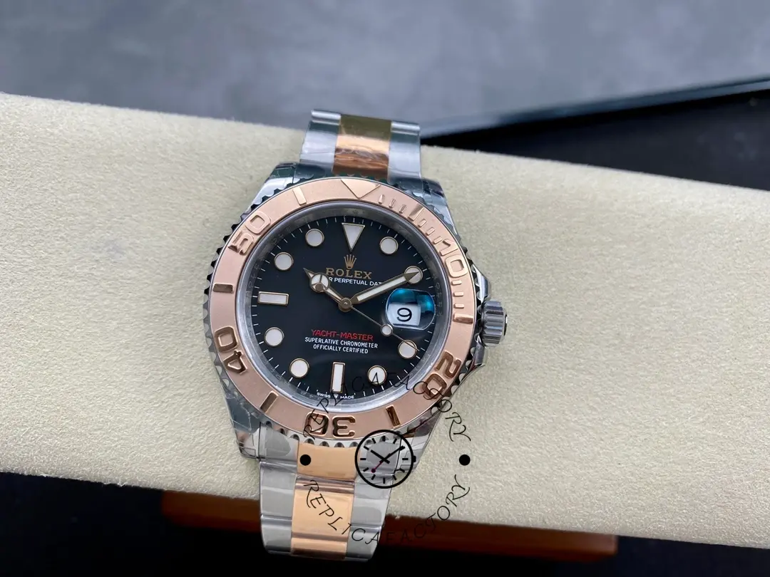 Rolex Yacht-Master 126621 on wrist rest, full watch view, black dial, rolesor bracelet.