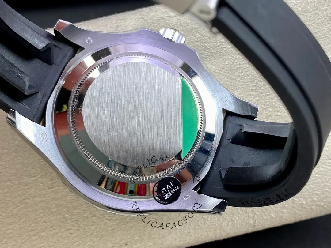 Rolex Yacht-Master 226679TBR case back view, brushed back and black strap, rear angle close-up.
