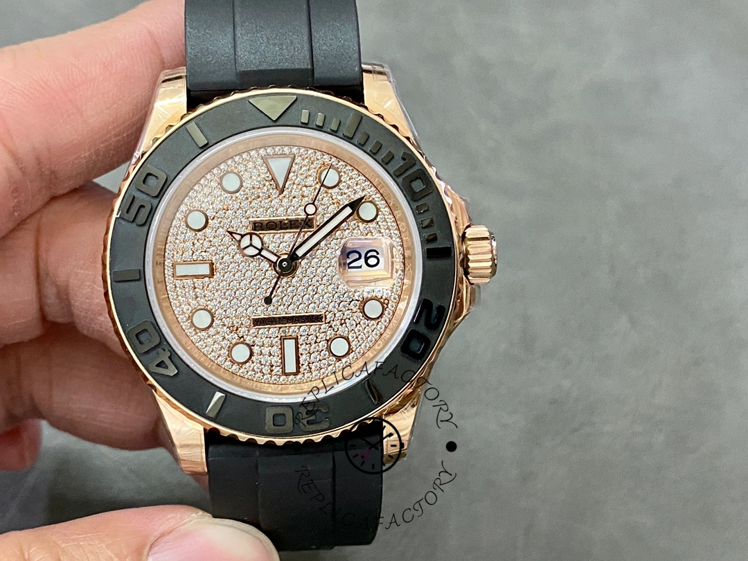 Rolex Yacht-Master 126655 held in hand, pavé diamond dial and bezel, front view.