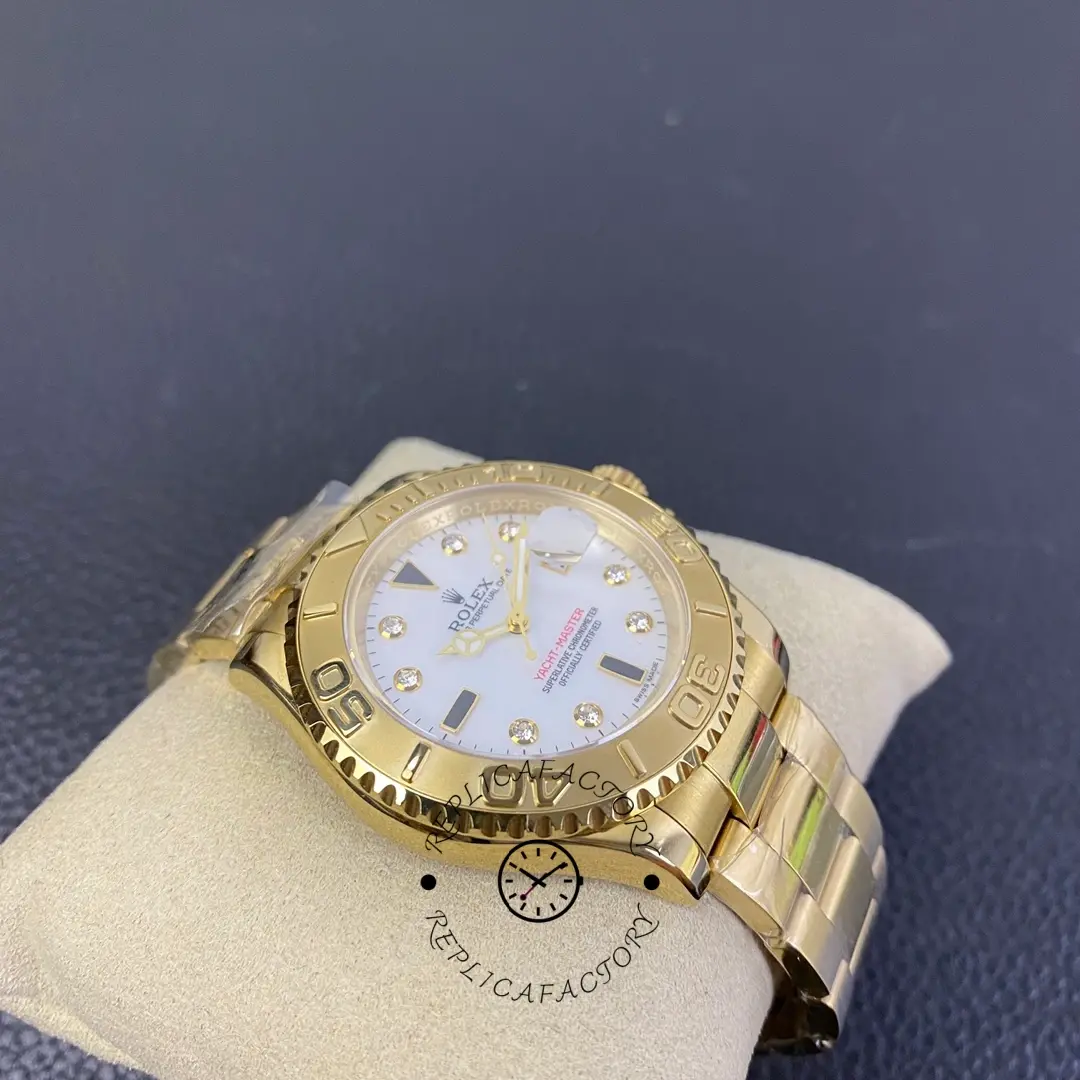 Rolex Yacht-Master 168628, angled dial close-up on cushion, diamond markers, 35mm.