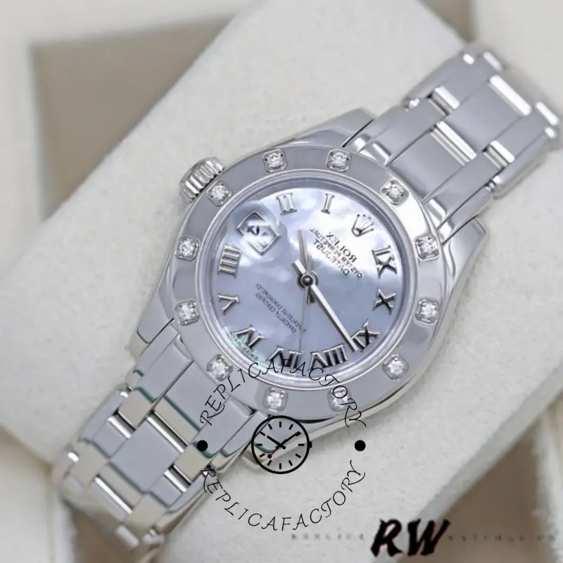 On-cushion view of Rolex Pearlmaster 80319 showing full watch and bracelet.