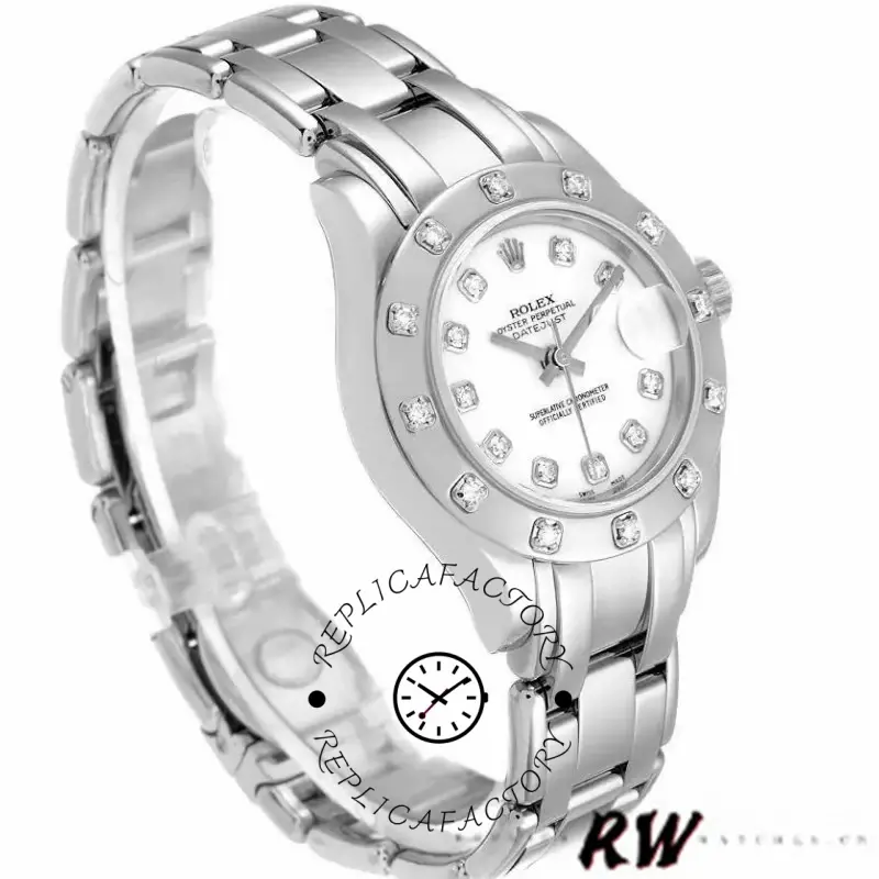 Rolex Pearlmaster 80319 angled view, white Roman dial and smooth bezel, bracelet visible.
