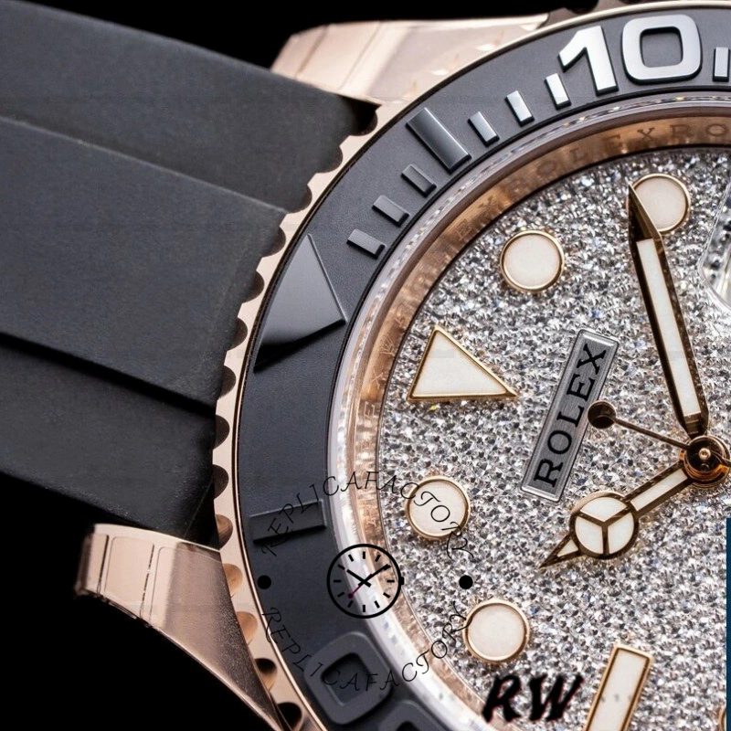 Rolex Yacht-Master 126655 bezel macro, bezel scale and stone setting detail near dial edge.