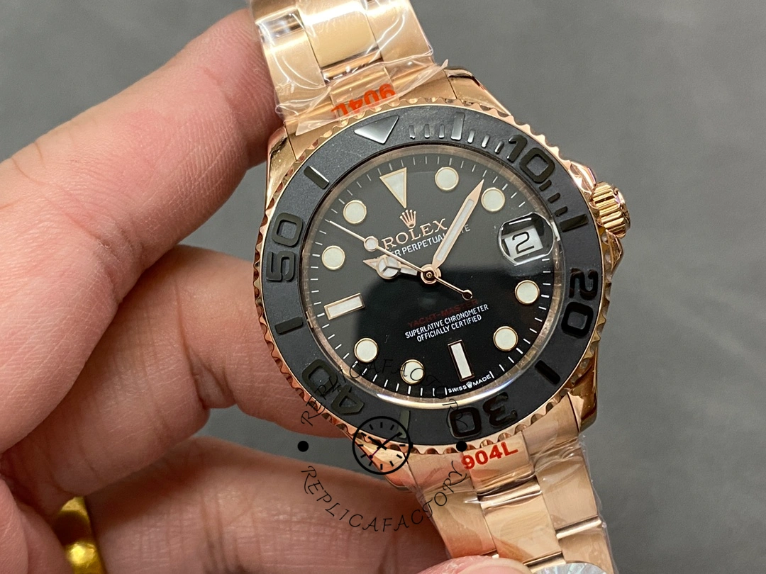 Angled front view of Rolex Yacht-Master m268655 highlighting dial markers and hands.