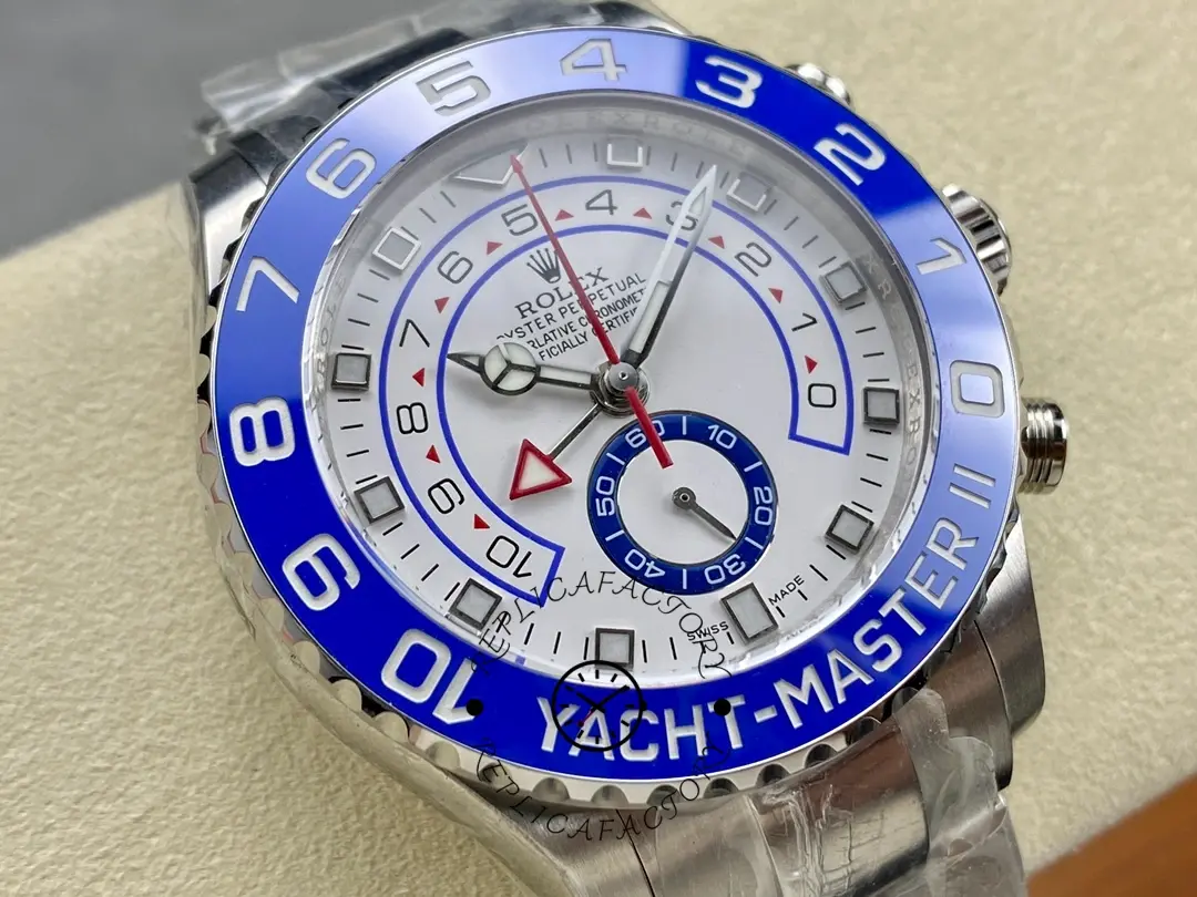 Rolex Yacht-Master II 116680, dial close-up on cushion showing hands and markers.
