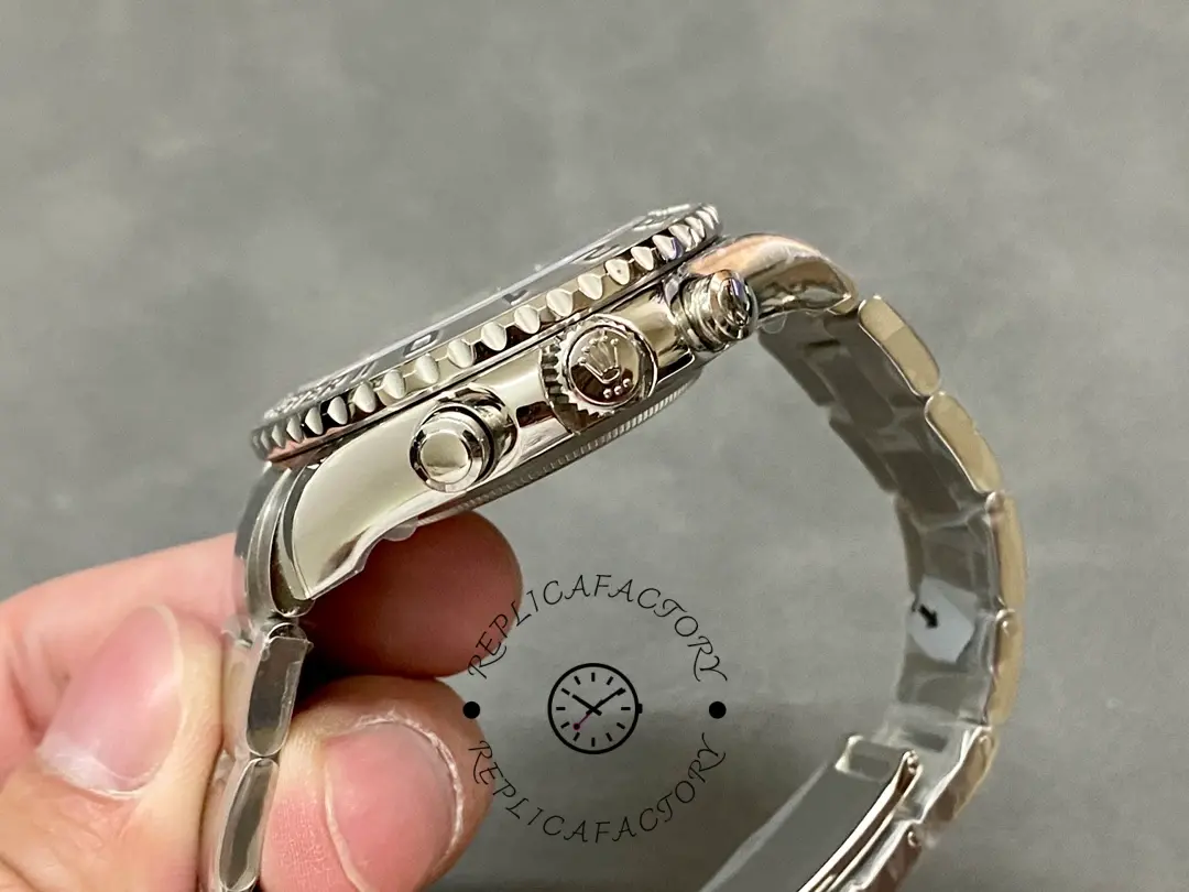 Side profile of Rolex Yacht-Master II 116689 showing crown and bezel edge.