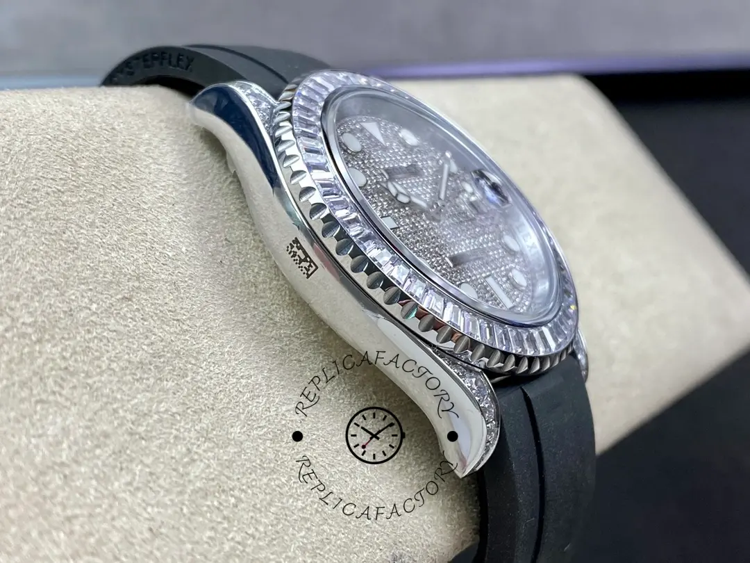 Rolex Yacht-Master 226679TBR side angle close-up, lugs and bezel diamonds, strap connection detail.