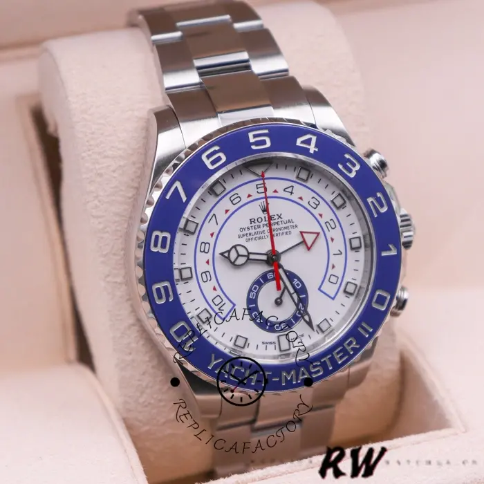 Rolex Yacht-Master II 116680, view showing bezel text and chronograph hands.