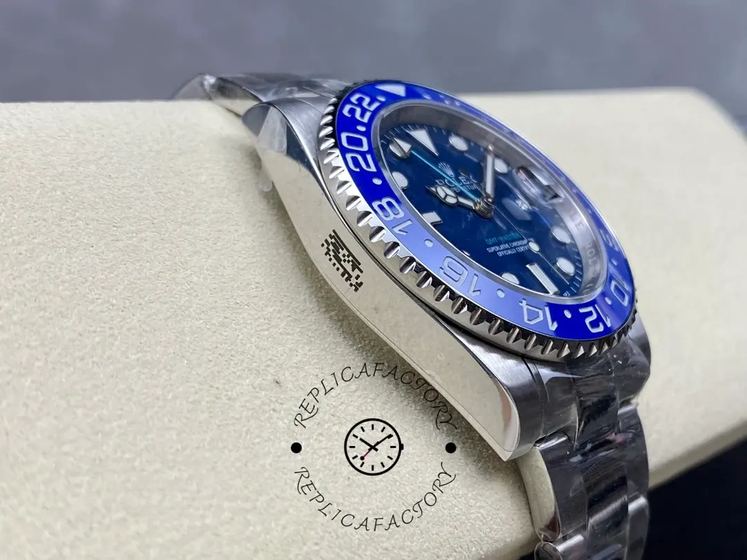 Rolex GMT-Master II 126710 “Wildman”, side profile on cushion showing case thickness.