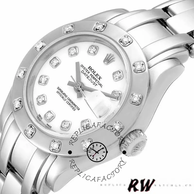 Close-up of the Rolex Pearlmaster 80319 showing white dial, markers, and diamond bezel details.