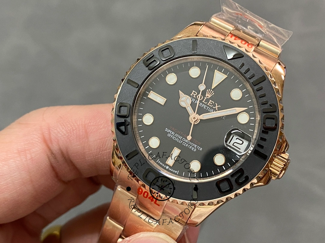 Close-up of Rolex Yacht-Master m268655 showing black dial details and bezel edge.