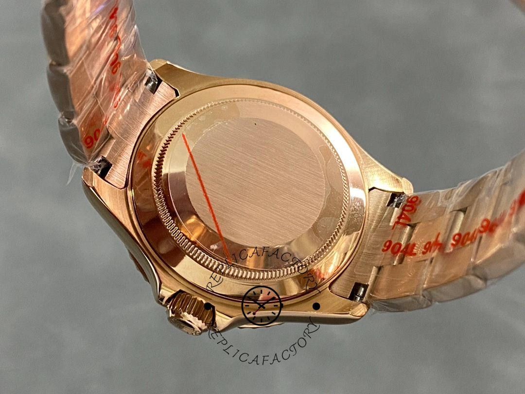 Caseback view of Rolex Yacht-Master m268655 showing rose gold-tone back and bracelet.
