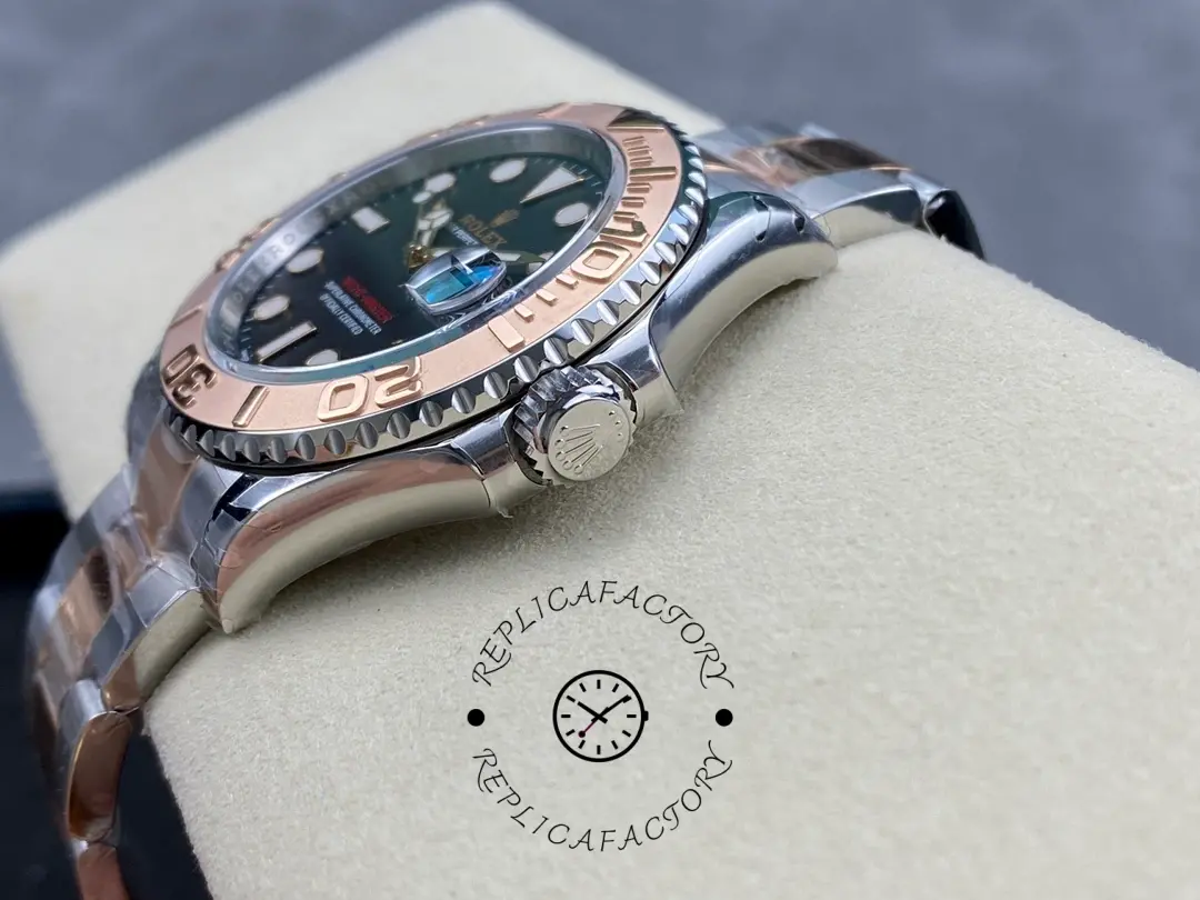 Rolex Yacht-Master 126621 side profile on cushion, crown and bezel thickness, rolesor bracelet.