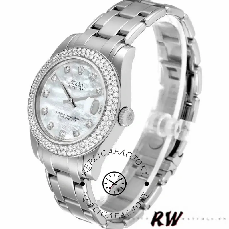 Side-front view of Rolex Pearlmaster 81339 highlighting case shape and MOP dial shine.