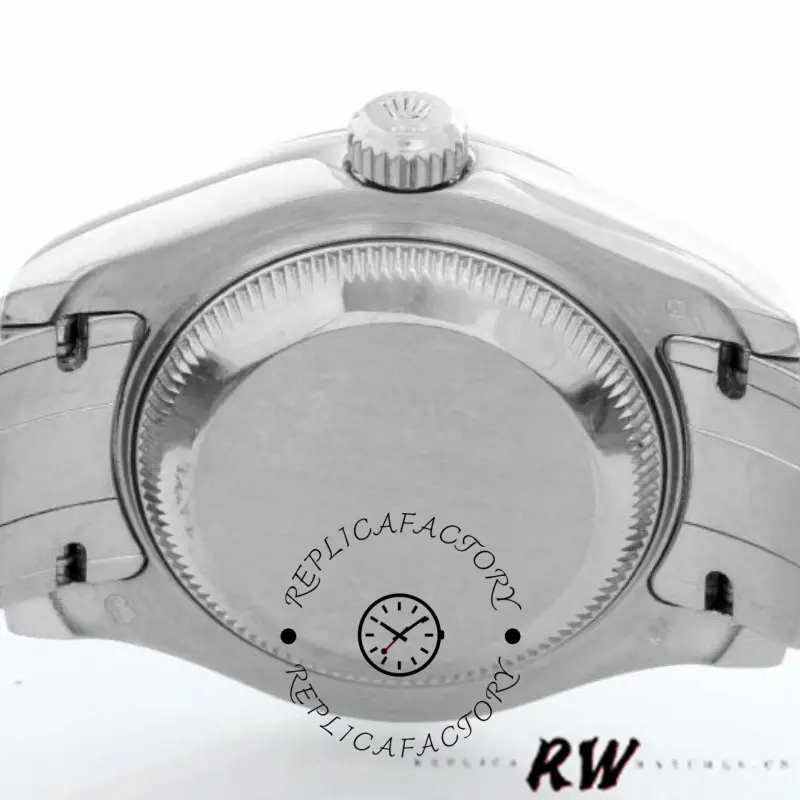 Rolex Pearlmaster 80319 case back close-up, stainless steel back and crown side detail.
