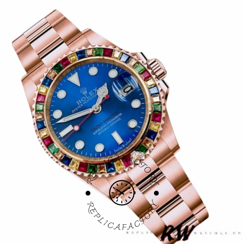 Side-tilted view of Rolex Yacht-Master 116695 highlighting case and gem-set bezel.