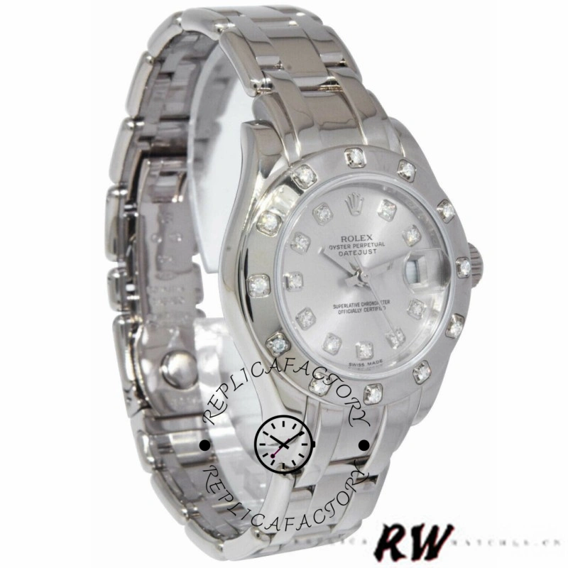 Angled view of the Rolex Pearlmaster 80319 showing silver diamond dial and bracelet links.